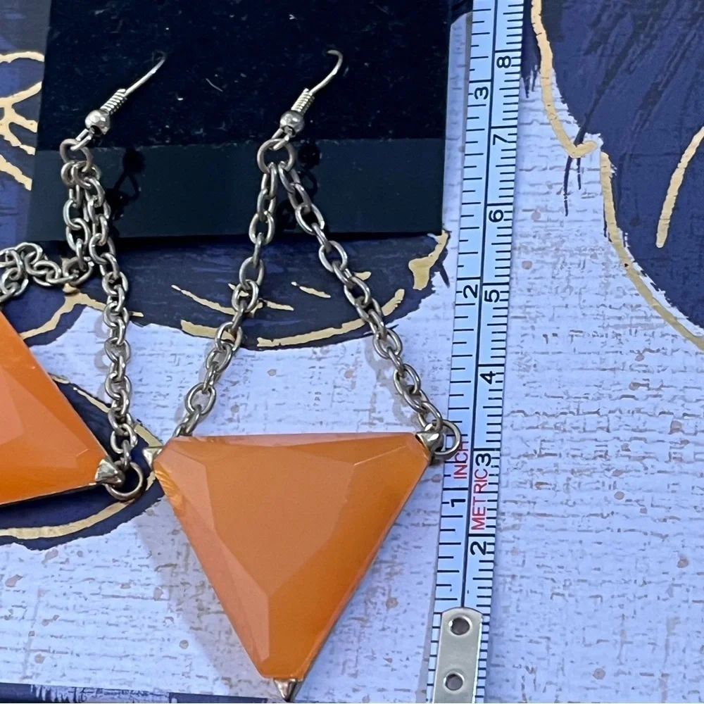 Estate 2010s Large Gold Tone and Orange Triangle Acrylic Dangle Earrings